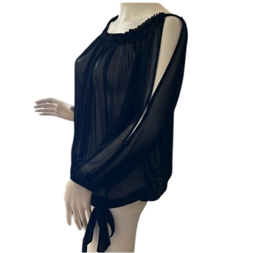 Cachè Chiffon Blouson Top cold shoulder w/ slits & buttons down sleeve / Size M